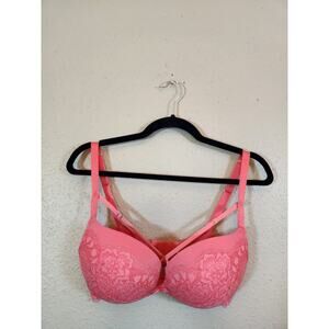 Cacique Women's Pink Padded Lace Underwire Plunge Push‎ Up Bra Size 34DDD